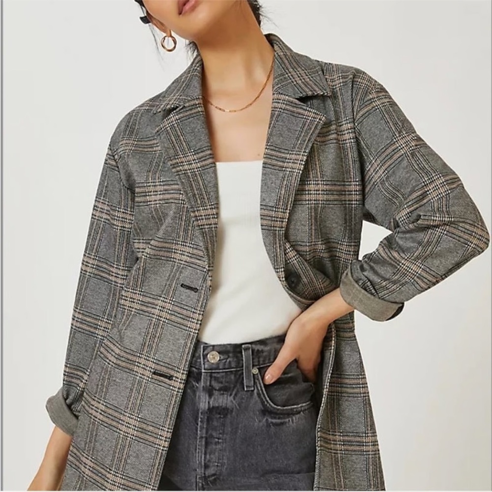 Avec Les Filles Ponte Plaid Long Line Blazer